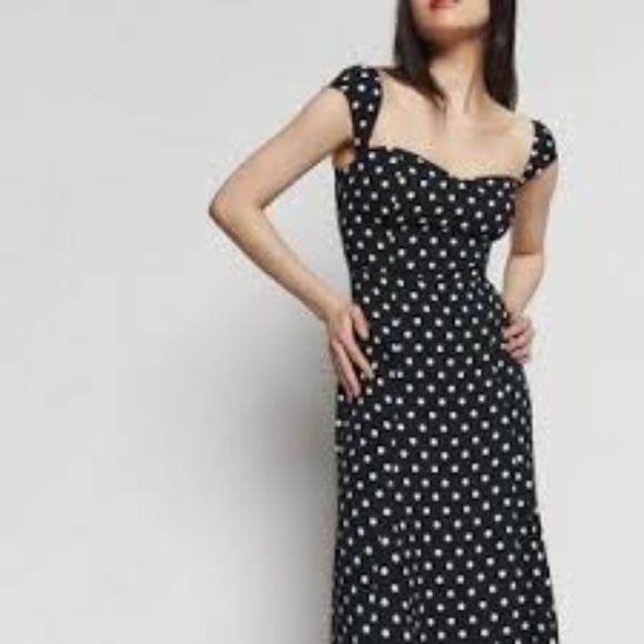 Reformation Black and White Polka Dot Midi  Bryson Dress - Picture 2 of 9